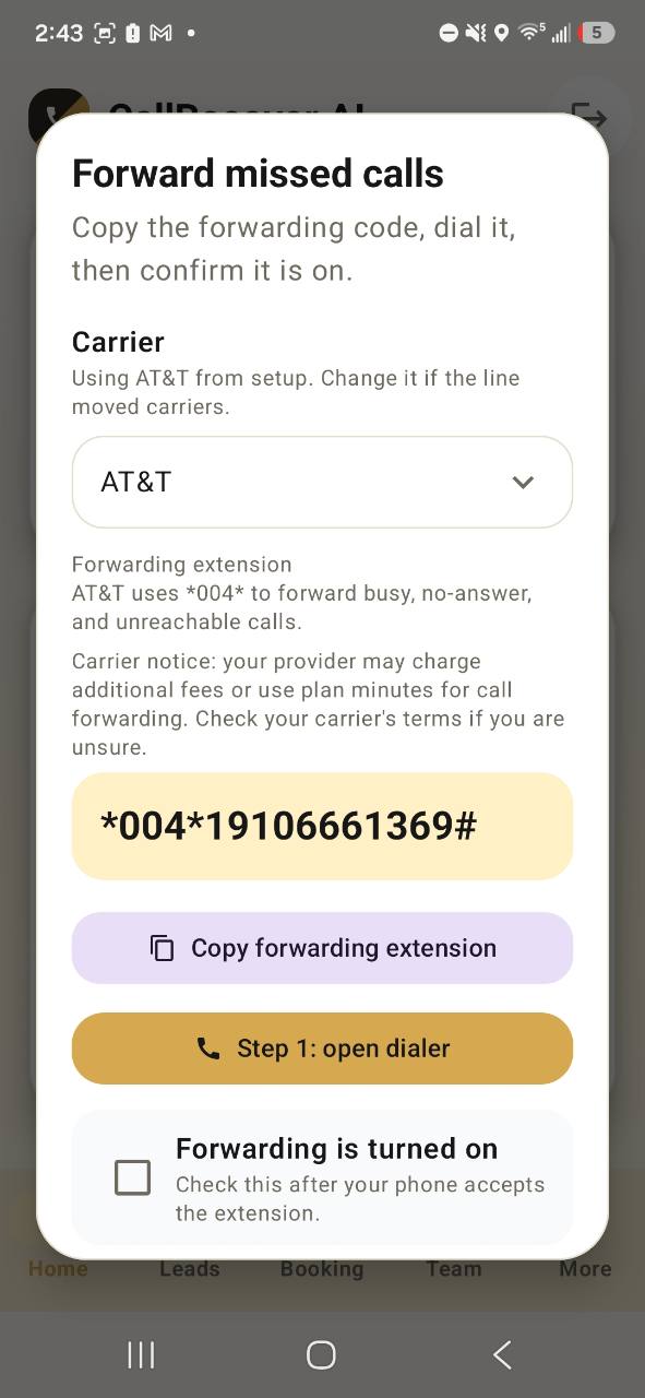 CallRecover forwarding setup preview